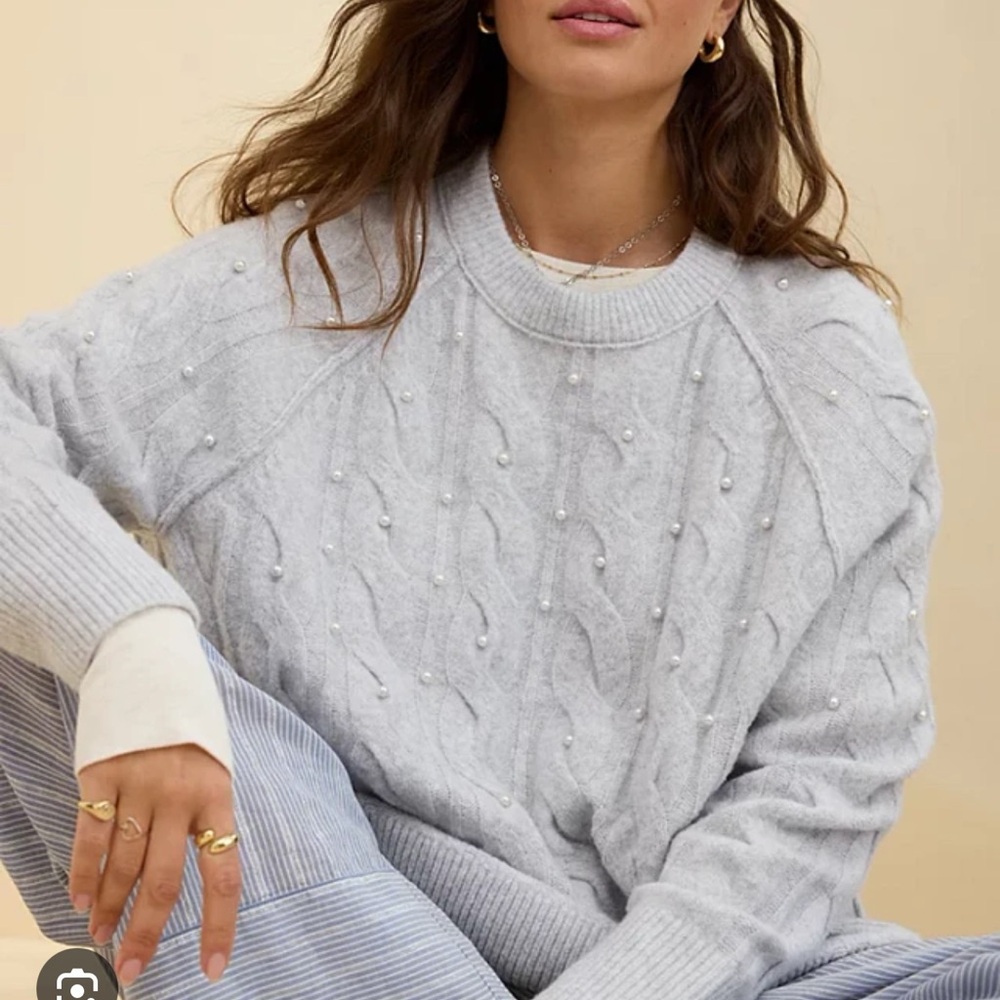 Aerie Light Gray Cable Knit Sweater with Pearl Details
